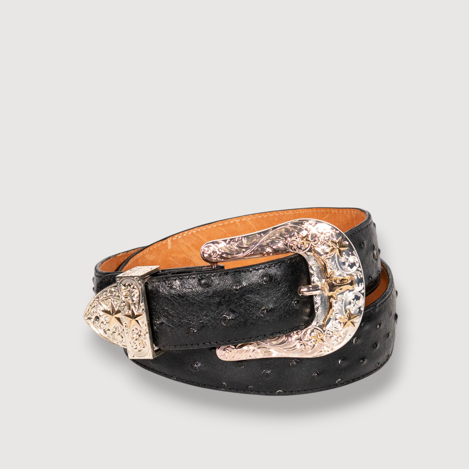 Cinto Avestruz Negro Grabado