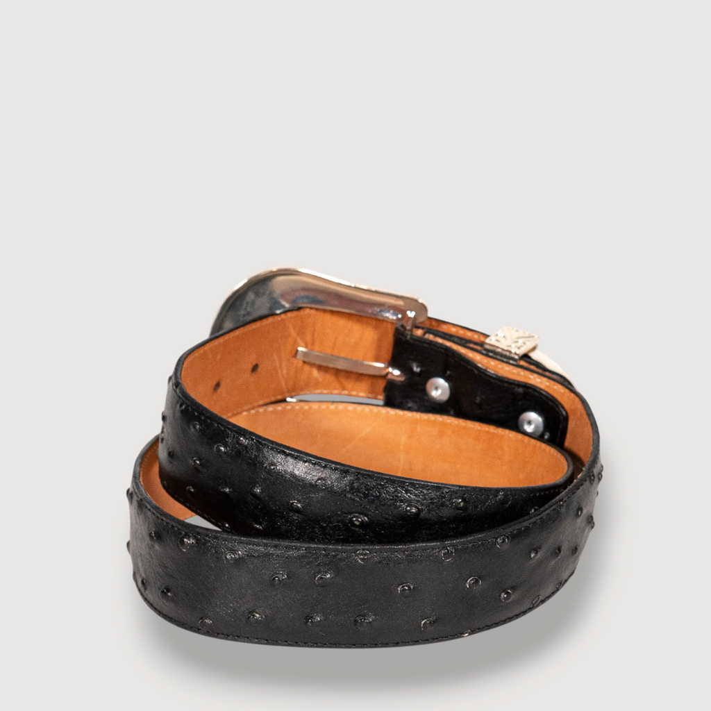 Cinto Avestruz Negro Grabado